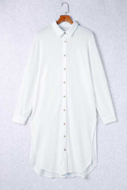 White Striped Crinkle Button Front Cover Up Shirt Dress - Chic Meadow Boutique 