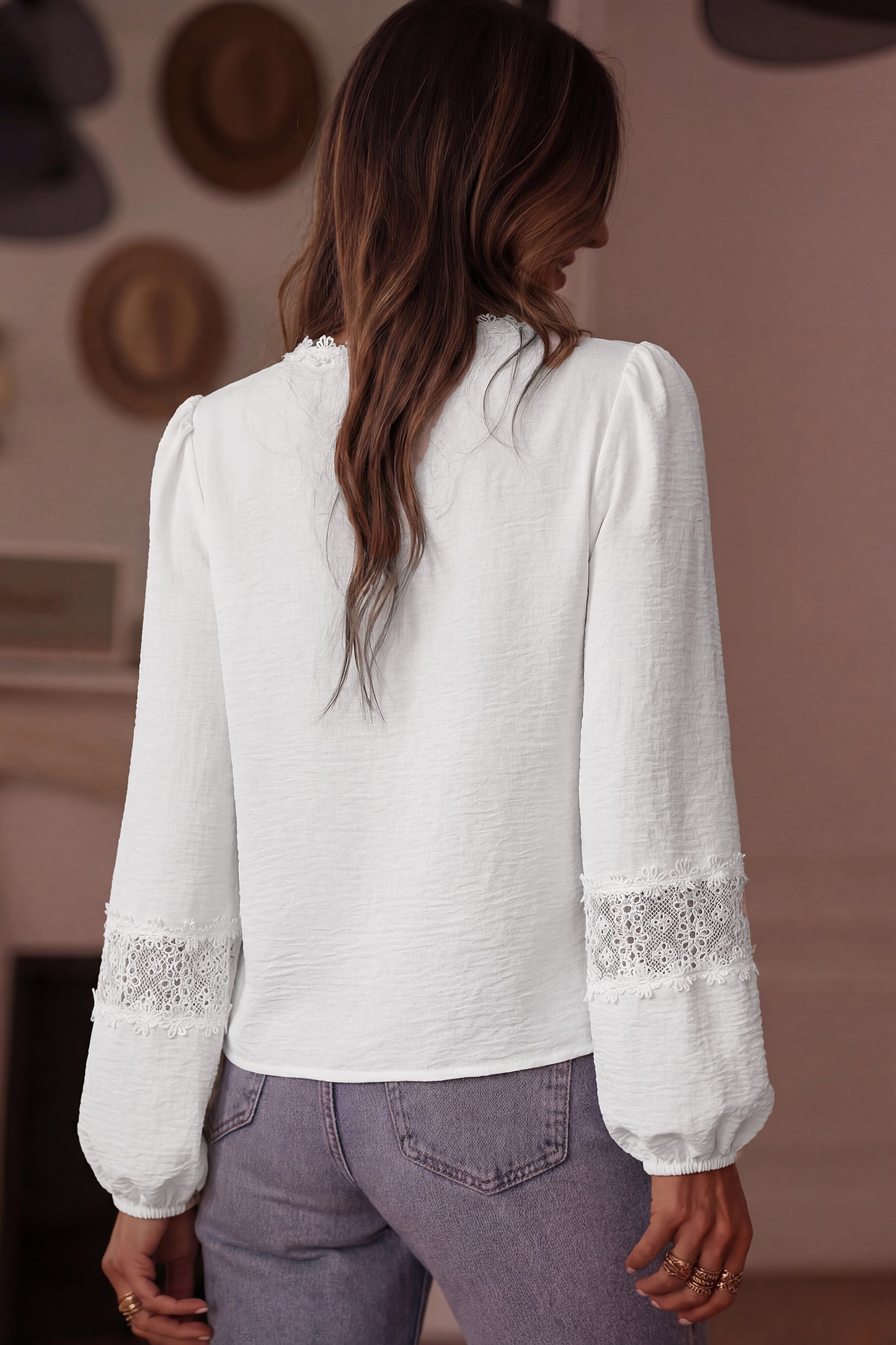 White Solid Color Floral Guipure Lace Patchwork Frilled Long Sleeve Blouse