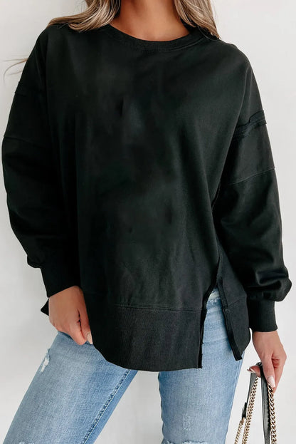 Black Exposed Seam Drop Shoulder Round Neck Sweatshirt with Slits - Chic Meadow Boutique 