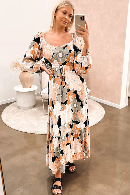 Tie Waist Puff Sleeve Bold Floral Maxi Dress - Chic Meadow Boutique 