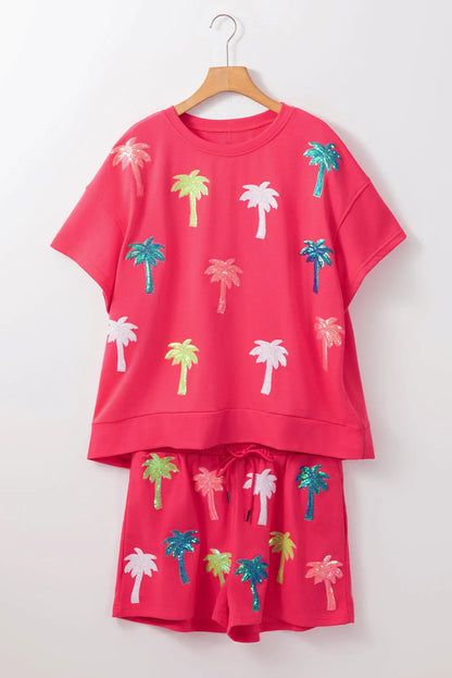 Strawberry Pink Two Piece Sequin Palm Trees Summer Short Set - Chic Meadow Boutique 