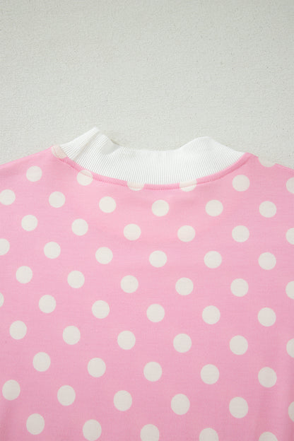 Pink Polka Dot Print Color Block Trim Mock Neck Short Set