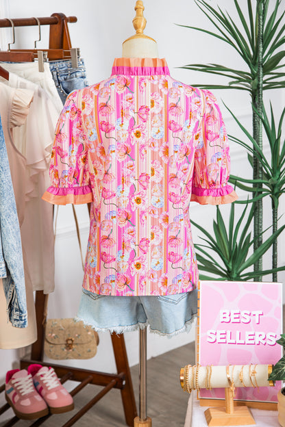 Pink Poppy Flower Striped Print Color Block Trim V Neck Short Sleeve Blouse