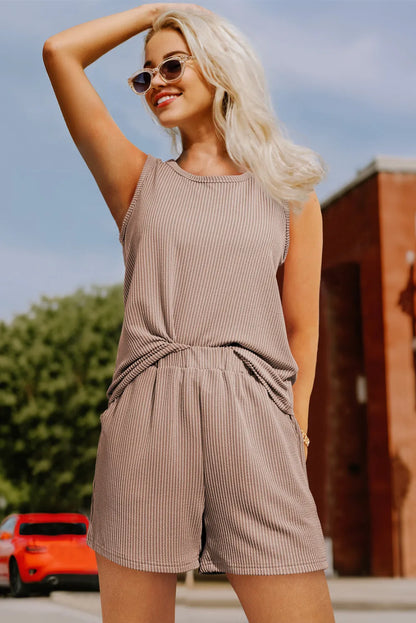 Smoke Gray Corded Sleeveless Top and Pocketed Shorts Set - Chic Meadow Boutique 