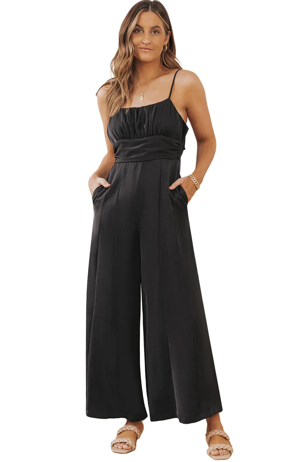 Black Spaghetti Straps Backless Knot Wide-Leg Jumpsuit - Chic Meadow Boutique 