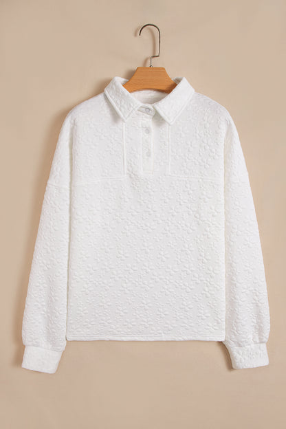 White Solid Color Textured Relaxed Button Collar Pullover Sweatshirt