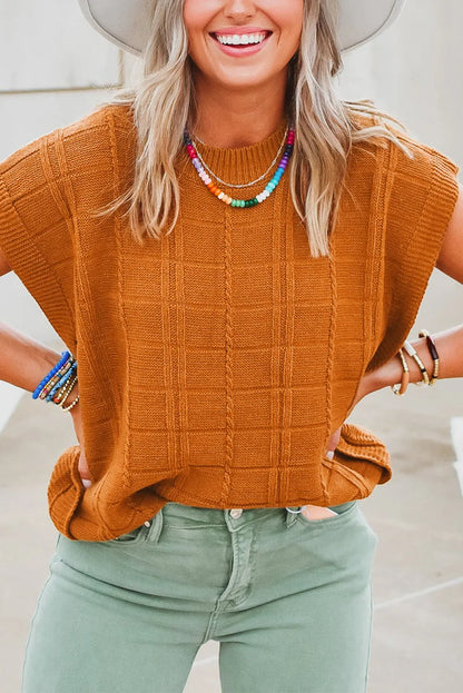 Chestnut Grid Textured Short Sleeve Sweater - Chic Meadow Boutique 