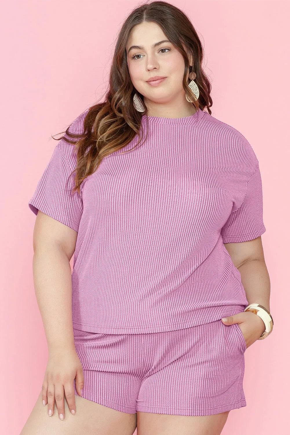 Plus Size/Plus Size Loungewear Phalaenopsis Ribbed Knit T Shirt and Shorts Plus Size Lounge Set