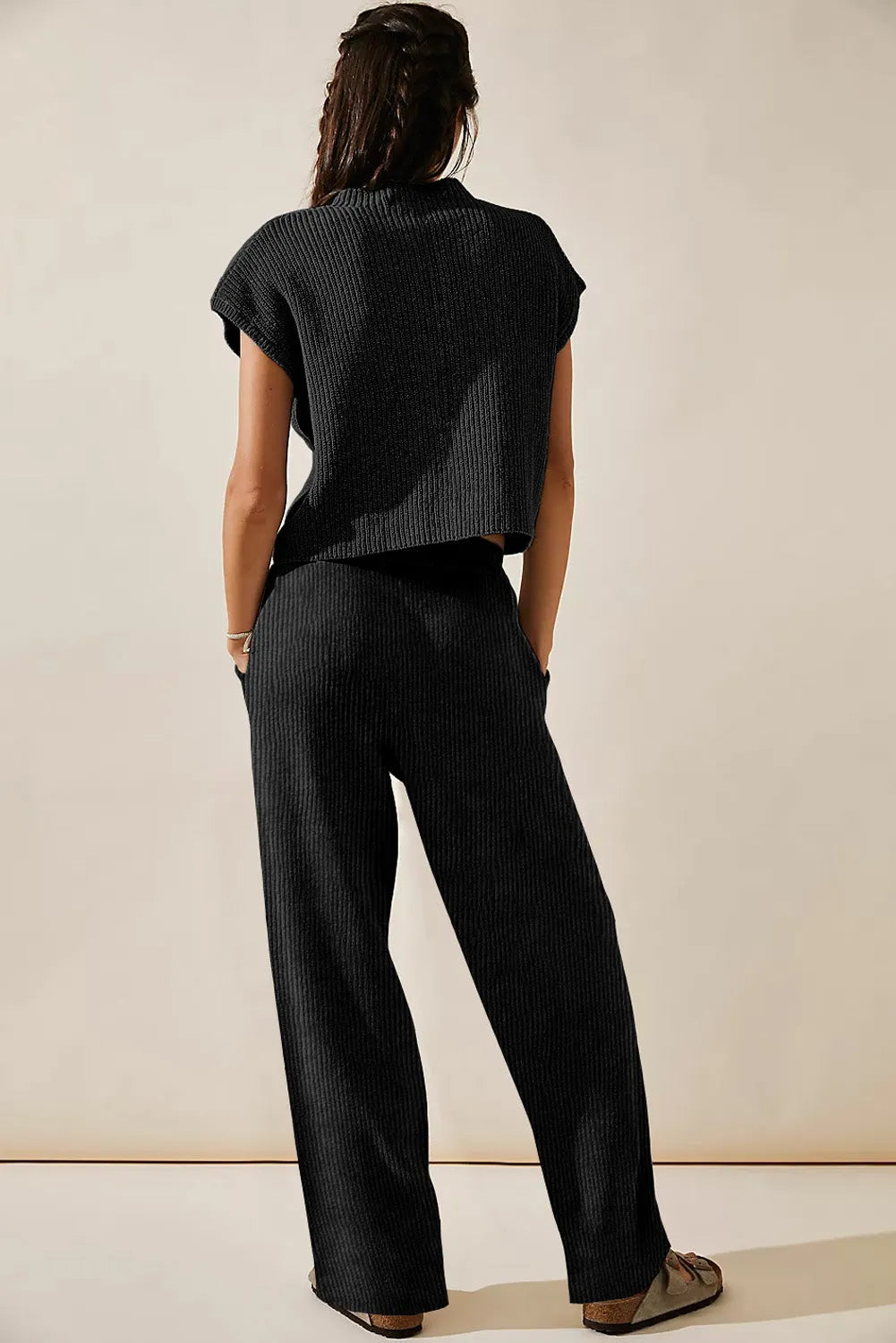 Black Knitted V Neck Sweater and Casual Pants Set - Chic Meadow Boutique 