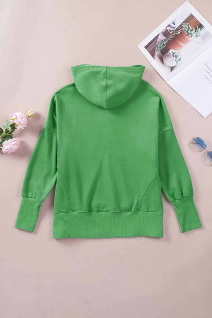 Green Batwing Sleeve Pocketed Henley Hoodie - Chic Meadow Boutique 