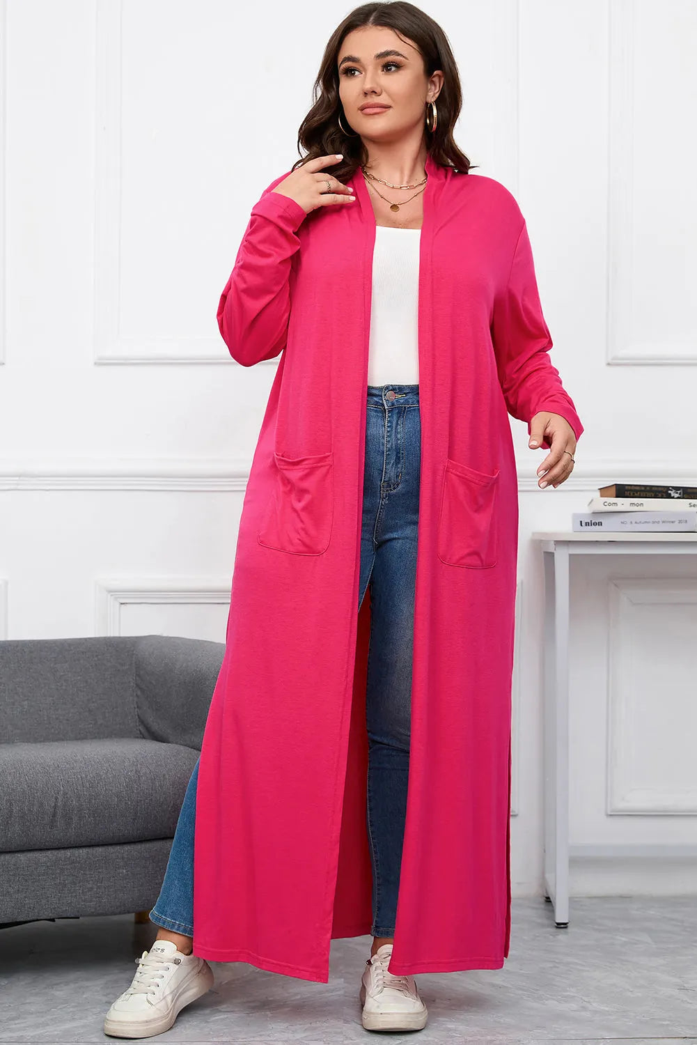 Strawberry Pink Plus Size Side Split Pockets Duster Cardigan - Chic Meadow Boutique 