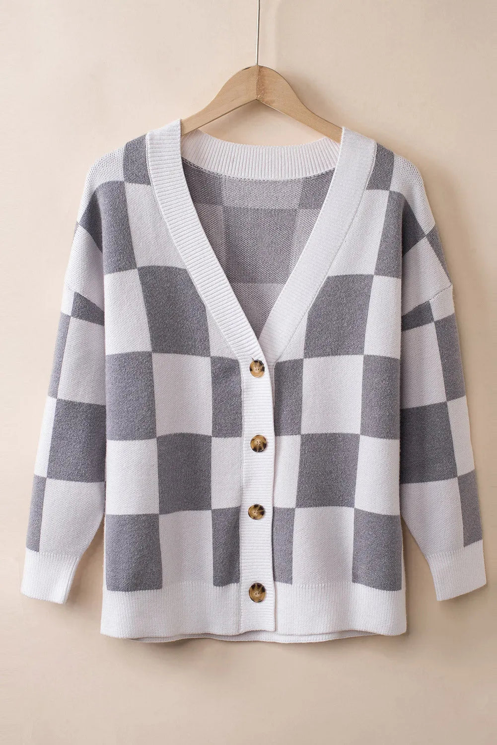 Gray Contrast Checkered Print Button Up Sweater Cardigan - Chic Meadow Boutique 