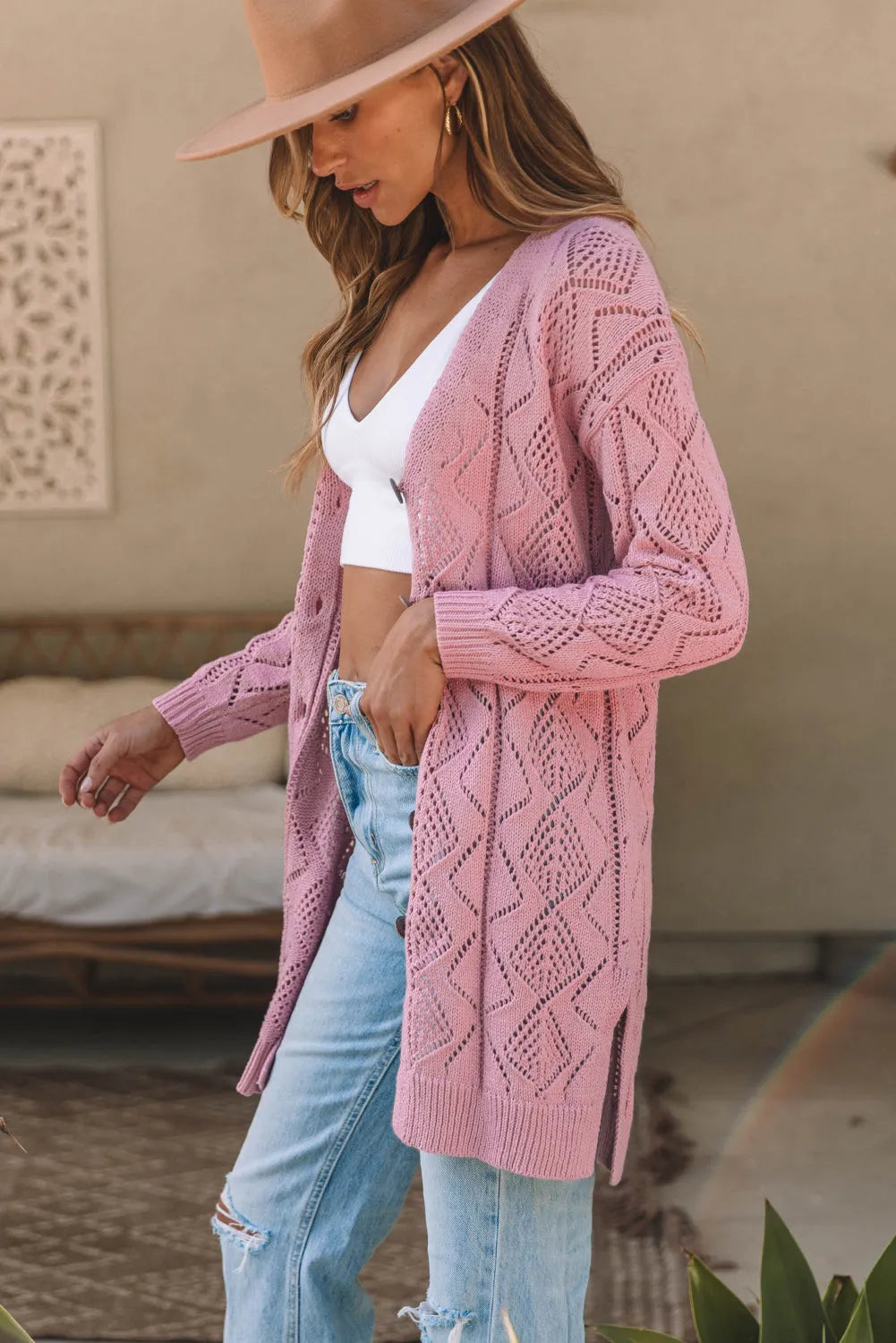 Pink Hollow-out Openwork Knit Cardigan - Chic Meadow Boutique 