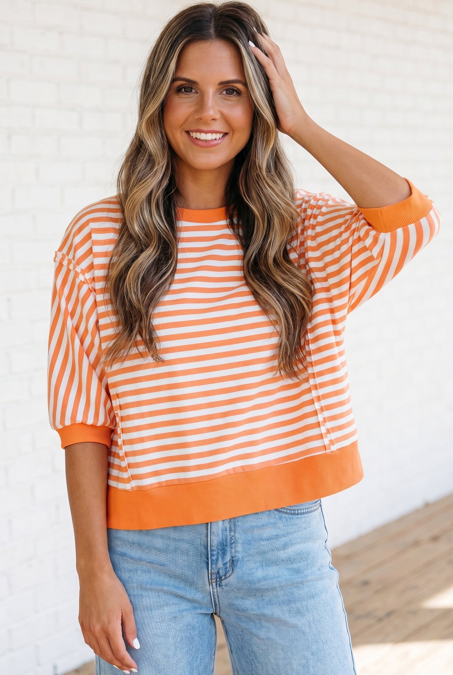 Orange Stripe 3/4 Sleeve Exposed Seam Patchwork Pullover Top