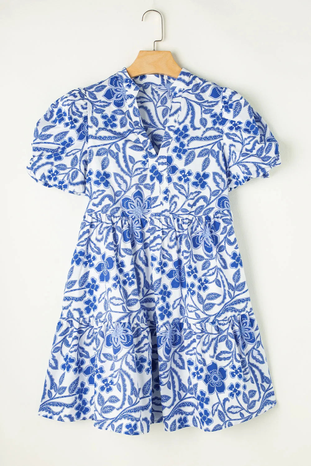 Blue Flower Print Puff Sleeve Tiered Dress - Chic Meadow Boutique 