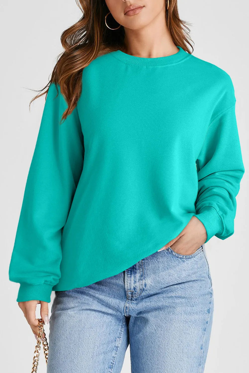 Aruba Blue Plain Drop Shoulder Crewneck Pullover Sweatshirt - Chic Meadow Boutique 