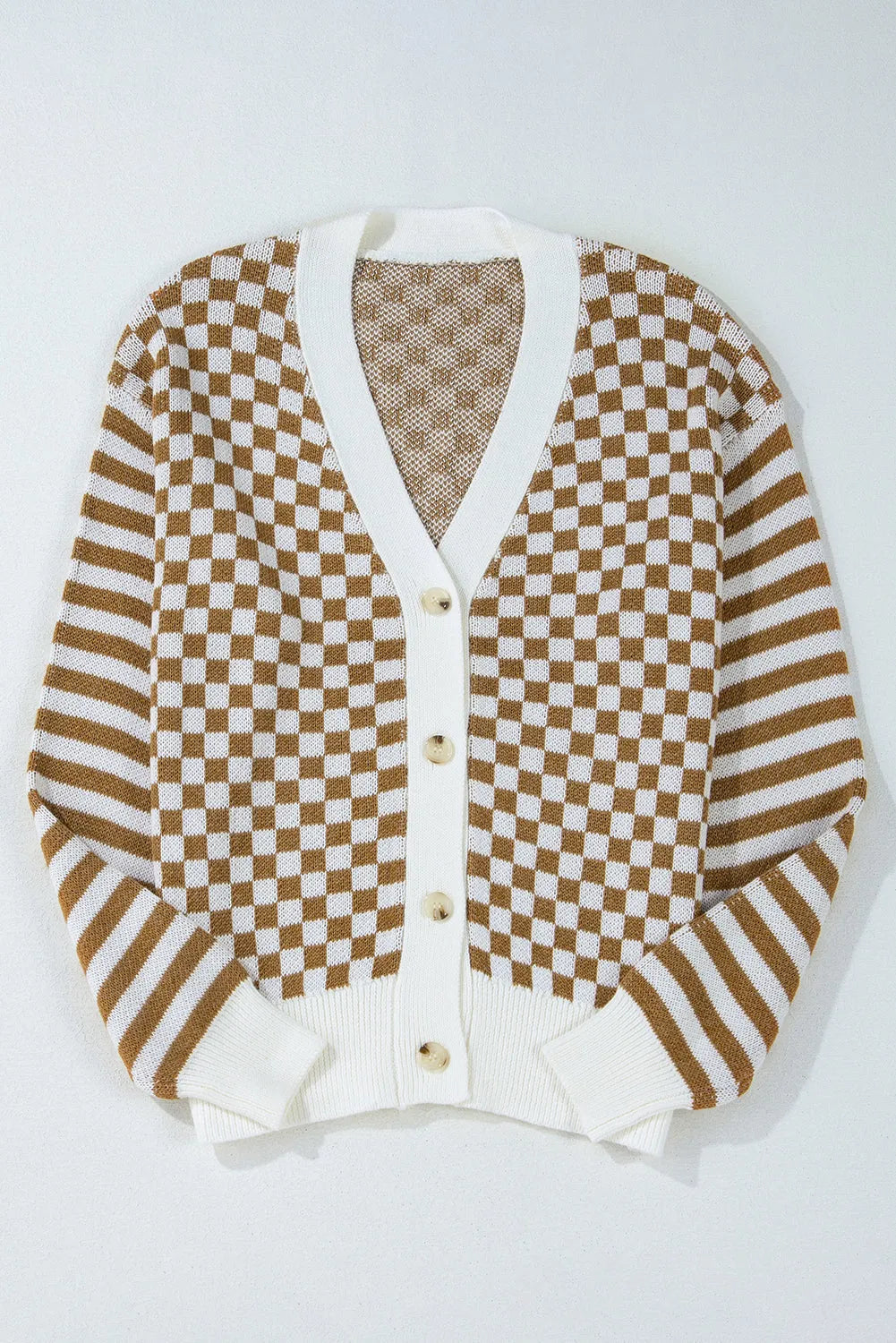 Brown Checkered Striped Patched Buttoned V Neck Cardigan - Chic Meadow Boutique 