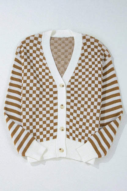 Brown Checkered Striped Patched Buttoned V Neck Cardigan - Chic Meadow Boutique 