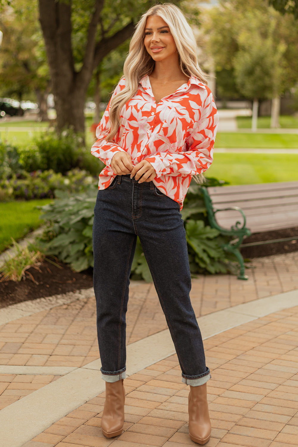 Orange Botanical Print Single Chest Pocket Button Up Shirt