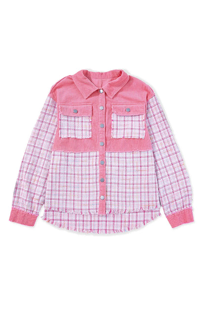 Rose Frayed Tweed Plaid Patchwork Buttoned Jacket - Chic Meadow Boutique 