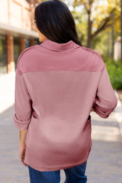 Pink Waffle Long Sleeve Collar Half Button Loose Top