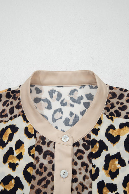 Khaki Mixed Leopard Patchwork 3/4 Sleeve Loose Shirt