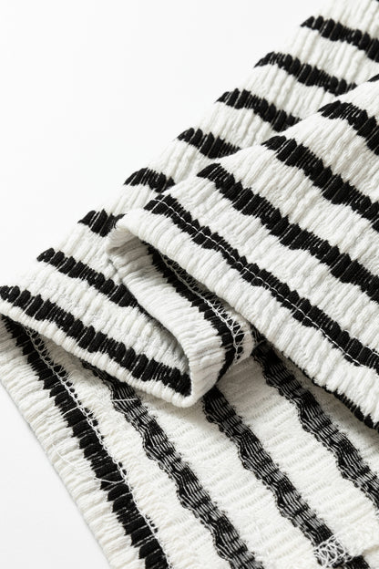 Black Stripe Textured Hooded V Neck Casual Long Sleeve Top