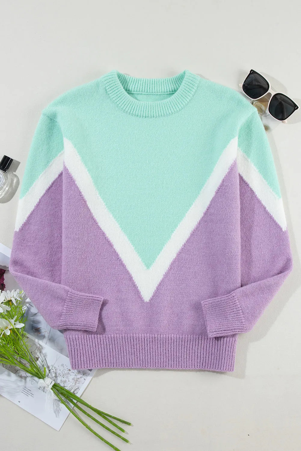 Green Chevron Colorblock Ribbed Knit Drop Shoulder Sweater - Chic Meadow Boutique 