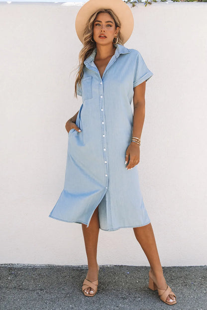 Sky Blue Chambray Shirt Short Sleeves Midi Dress - Chic Meadow Boutique 