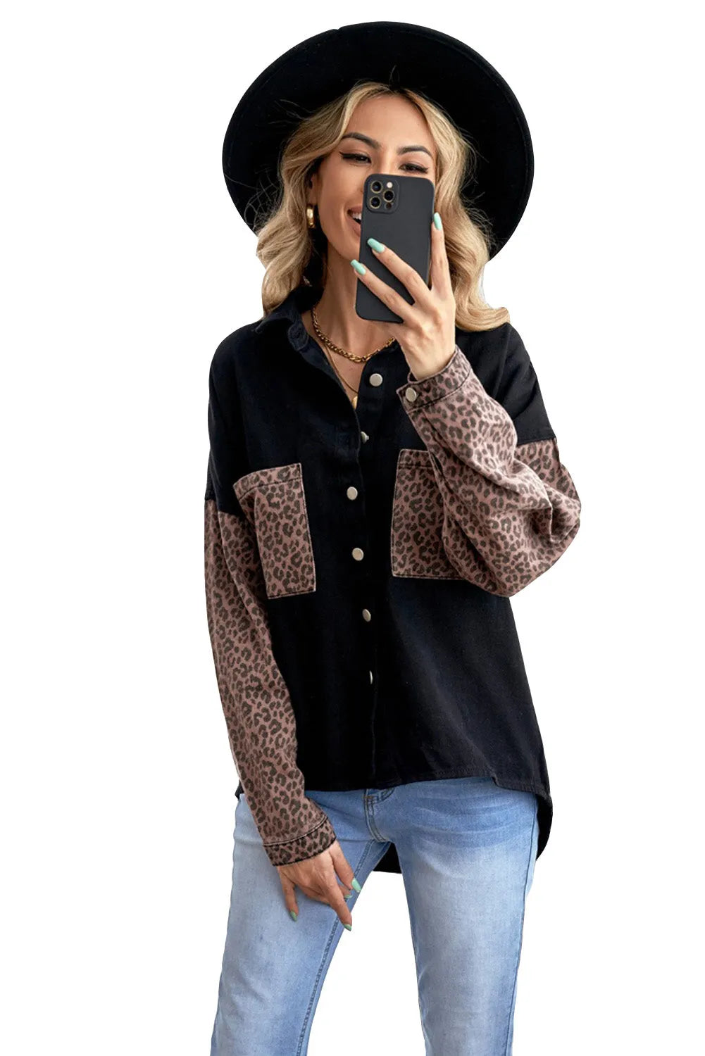 Black Contrast Leopard Denim Jacket - Chic Meadow Boutique 