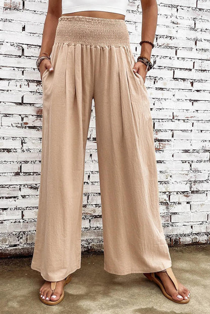 Bottoms/Pants & Culotte Khaki Smocked Wide Waistband High Waist Wide Leg Pants