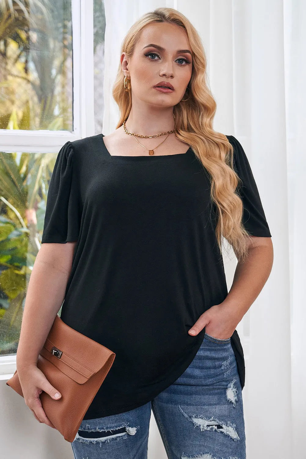 Black Plus Size Square Neck Ruched Shoulder Short Sleeve Top - Chic Meadow Boutique 