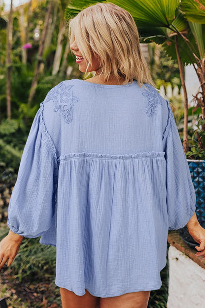 Beau Blue Plus Size Crochet Bracelet Sleeve Babydoll Blouse - Chic Meadow Boutique 