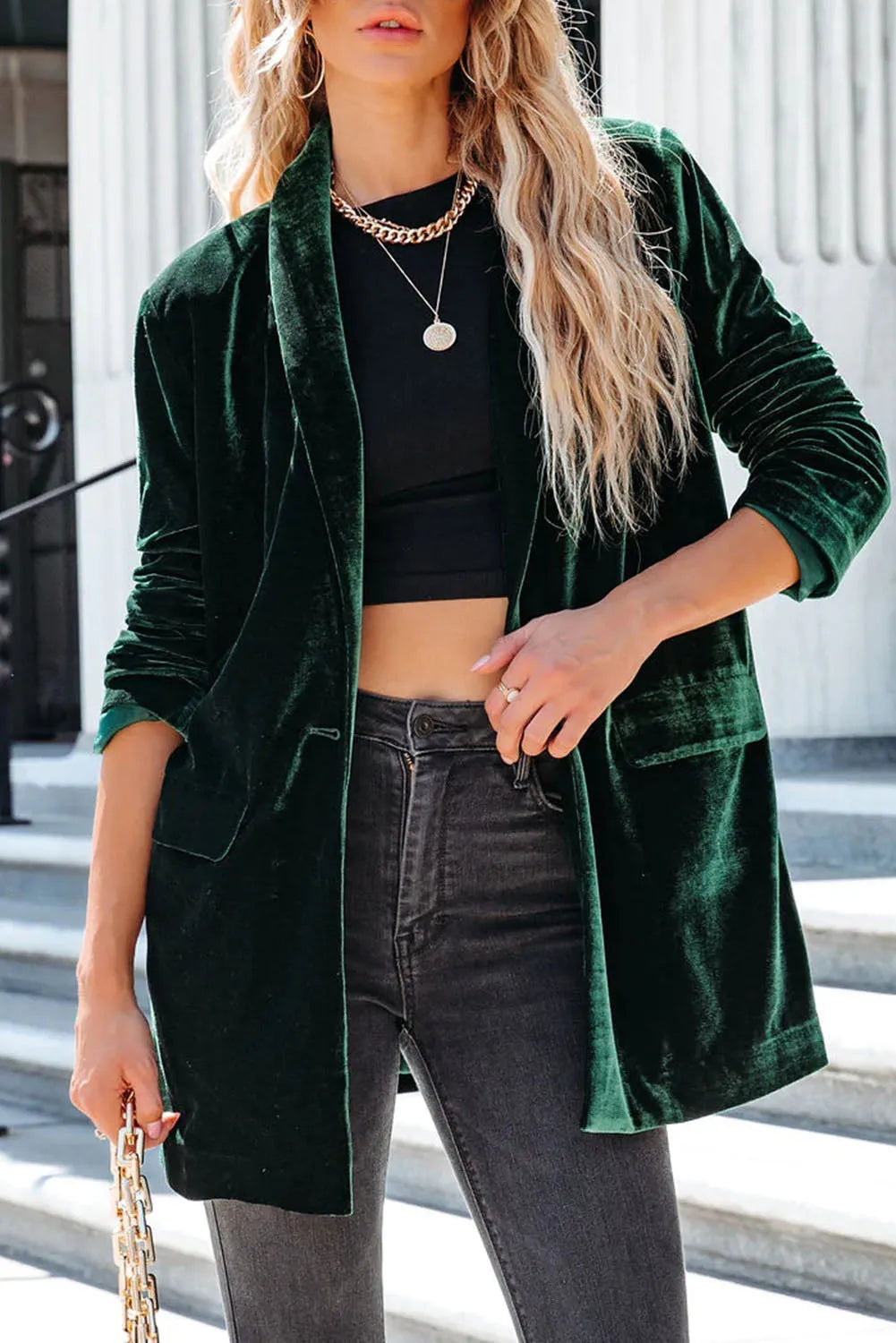 Green Casual Pocketed Velvet Blazer - Chic Meadow Boutique 