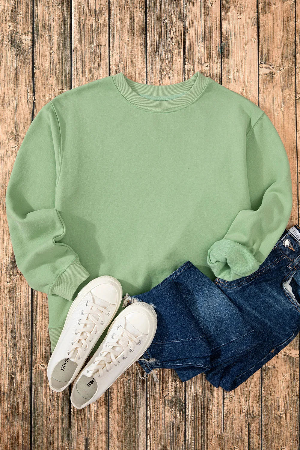 Smoke Green Solid Fleece Lined Drop Shoulder Terry Sweatshirt - Chic Meadow Boutique 