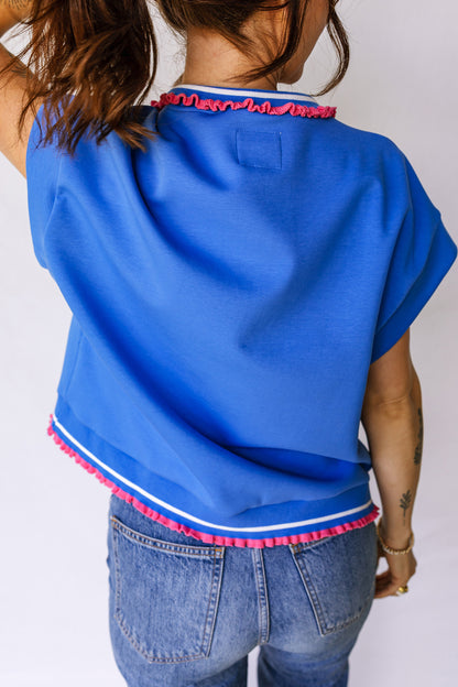 Sky Blue Contrast Frilled Trim Button Collared Short Sleeve Knit Top