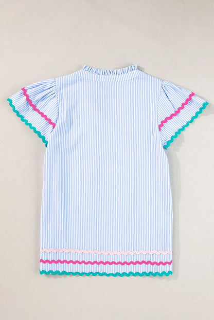 Sky Blue Stripe Ricrac Trim Split Neck Striped Ruffled Sleeve Blouse - Chic Meadow Boutique 