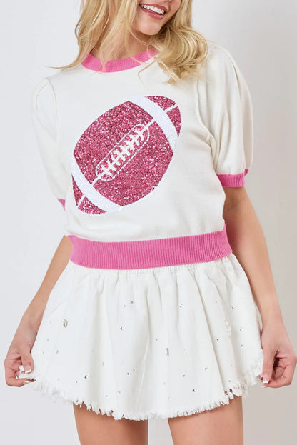 Pink Sequin Rugby Color Block Puff Short Sleeve Sweater - Chic Meadow Boutique 