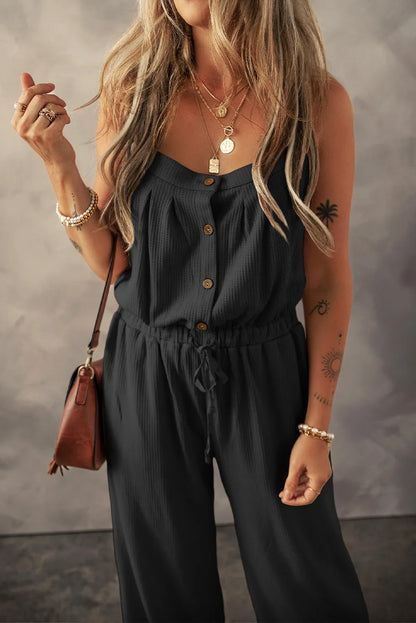 Black Knotted Straps Button Textured Drawstring Jumpsuit - Chic Meadow Boutique 