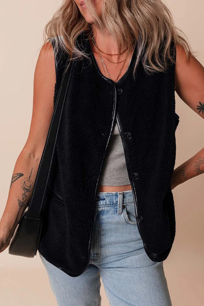 Black Leather Contrast Side Pockets Buttoned Fleece Vest - Chic Meadow Boutique 