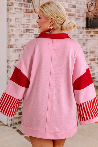 Rose Striped Patchwork Side Split Collared Plus Size Sweatshirt - Chic Meadow Boutique 