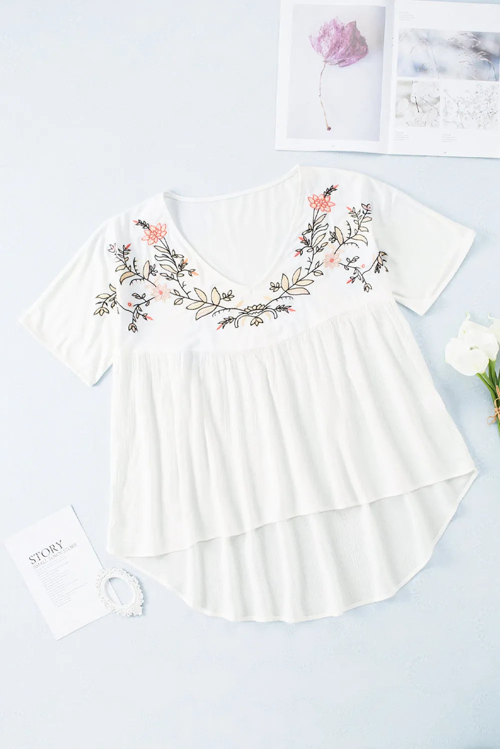 White Floral Embroidered V Neck Crinkle Babydoll Blouse - Chic Meadow Boutique 