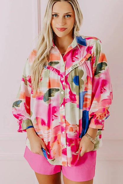 Rose Abstract Print Ruffled Puff Sleeve Shirt - Chic Meadow Boutique 