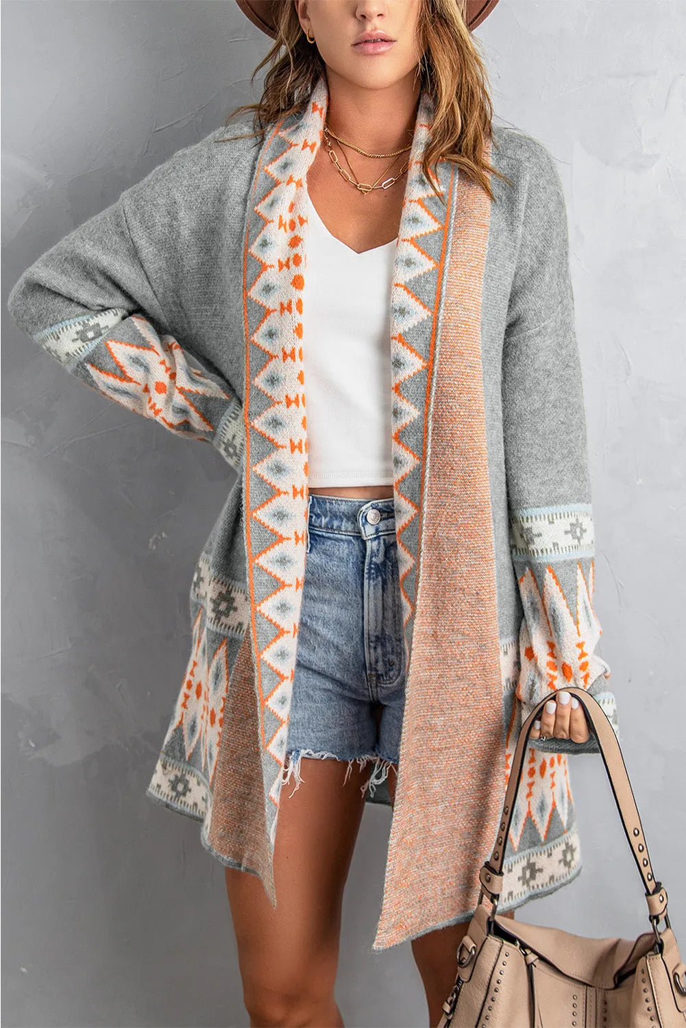 Gray Aztec Print Open Front Knitted Cardigan - Chic Meadow Boutique 