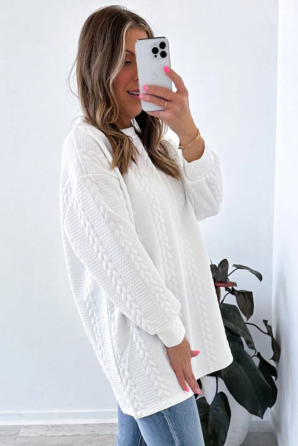 White Cable Textured Long Sleeve Round Neck Top - Chic Meadow Boutique 