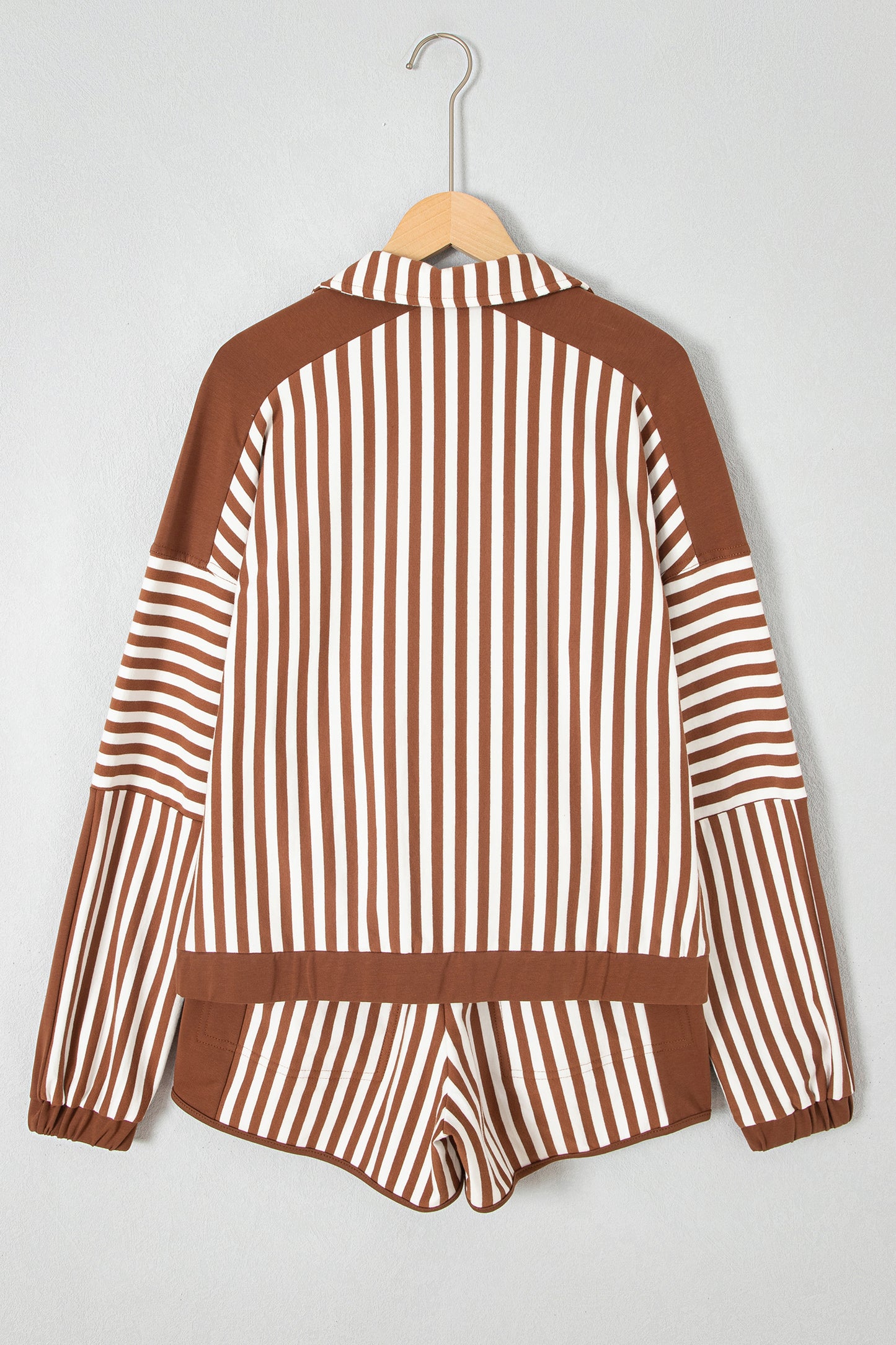Brown Stripe Color Block Patchwork Quarter Zip Pullover Sporty Shorts Set