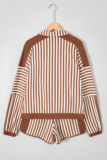 Brown Stripe Color Block Patchwork Quarter Zip Pullover Sporty Shorts Set