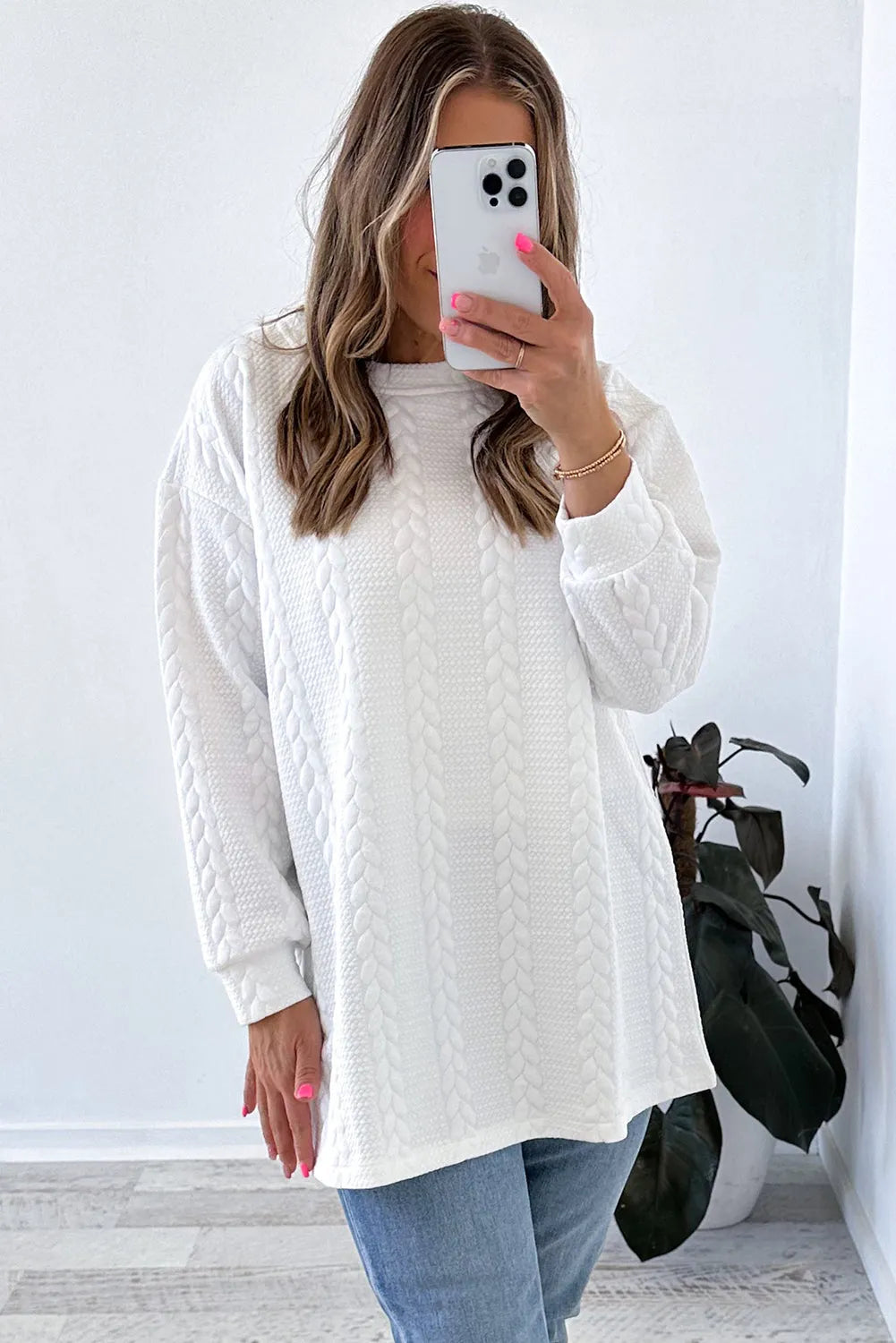 White Cable Textured Long Sleeve Round Neck Top - Chic Meadow Boutique 