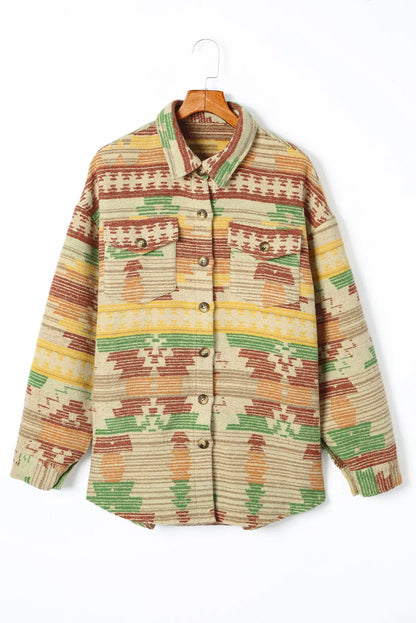 Yellow Western Aztec Print Button Flap Pocket Shacket - Chic Meadow Boutique 