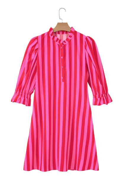 Rose Stripe Frilled Collar Button Neck Short Sleeve Curvy Mini Dress
